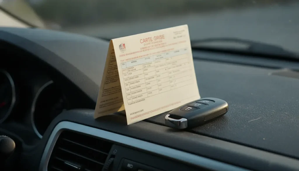 Carte grise française et clé de voiture posées sur un tableau de bord, lumière naturelle