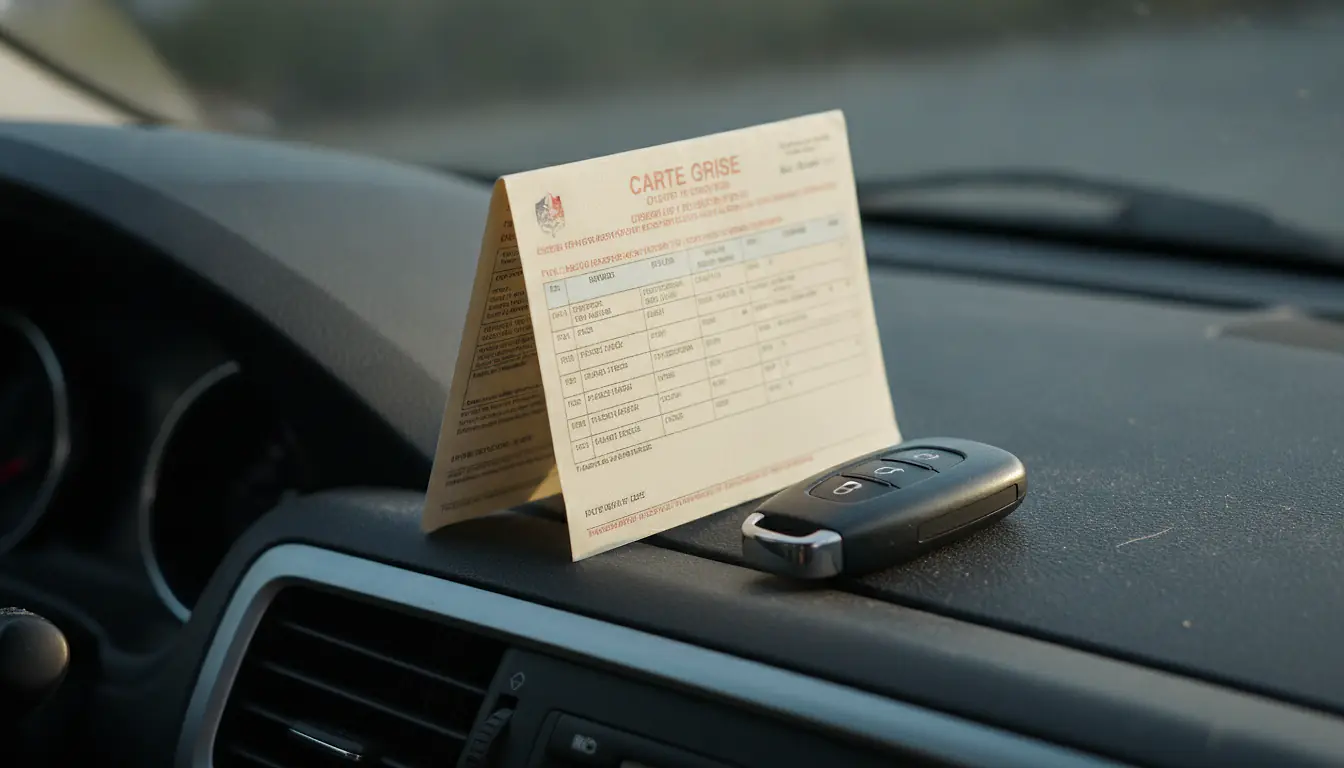 Carte grise française et clé de voiture posées sur un tableau de bord, lumière naturelle