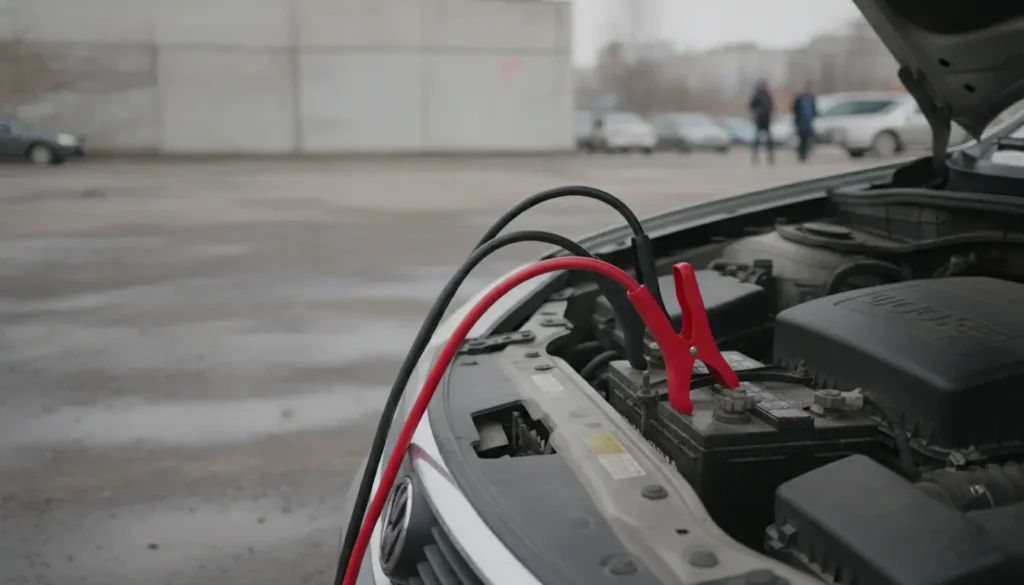 Câbles de démarrage rouge et noir branchés sur la batterie d une voiture en panne