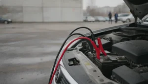 Câbles de démarrage rouge et noir branchés sur la batterie d une voiture en panne