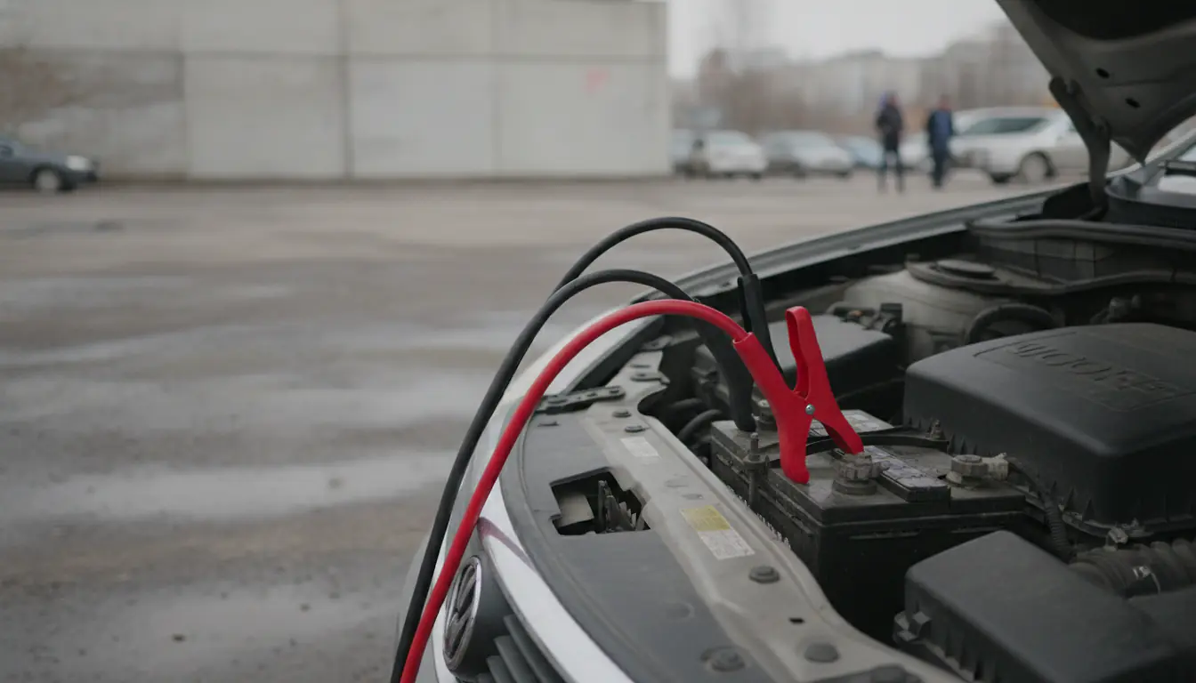 Câbles de démarrage rouge et noir branchés sur la batterie d une voiture en panne