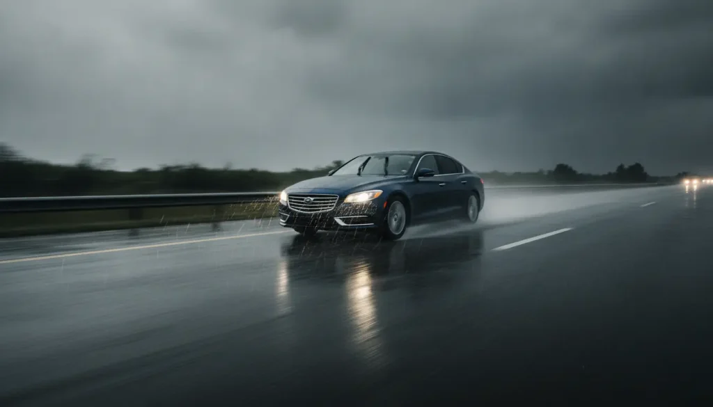 Voiture roulant sur une route mouillée sous la pluie, phares allumés
