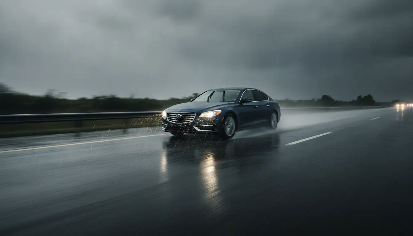 Voiture roulant sur une route mouillée sous la pluie, phares allumés